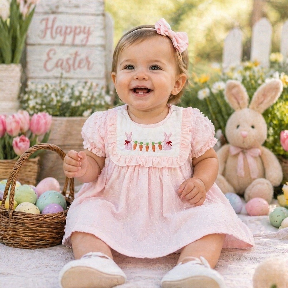 Smocked Etc Baby Girl Dress 6/9 Months Pink Swiss Dot Bunny Carrot Easter ruffle
